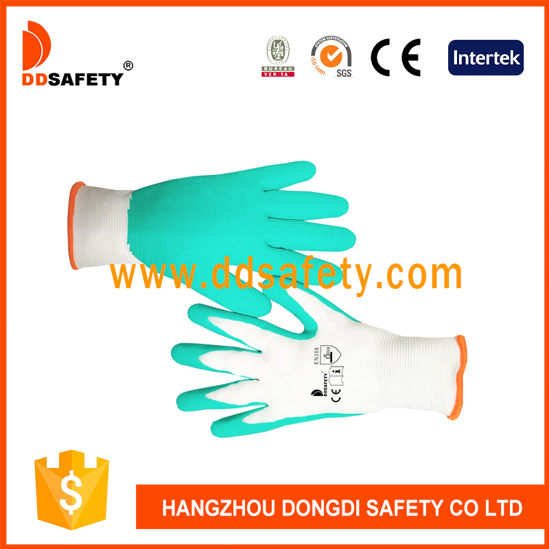 White Polyester with Green Nitrile kids glove-DNN253